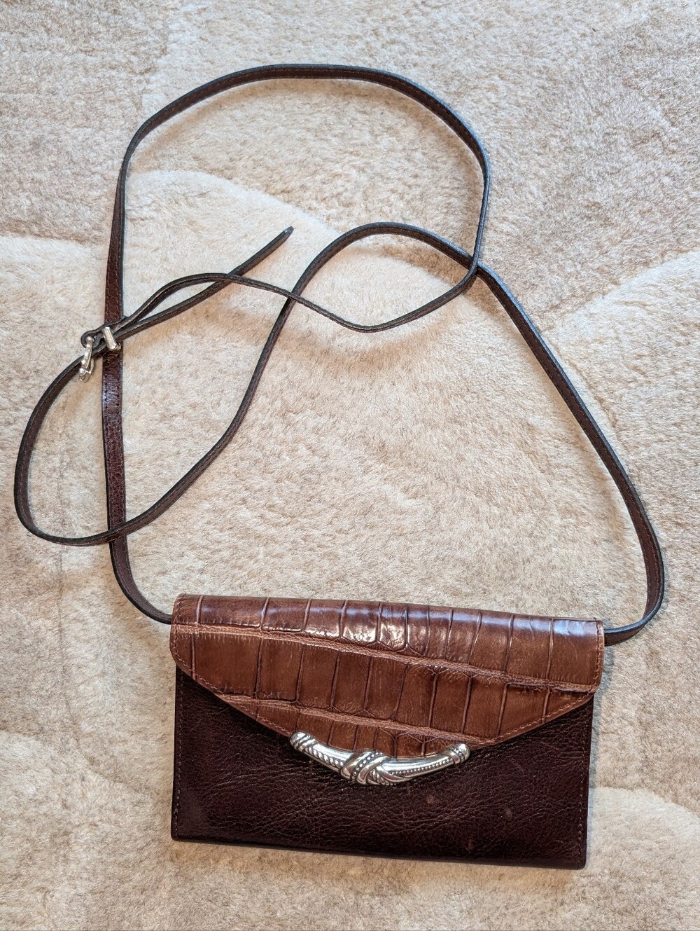 Brighton Brown Croc-Accent Leather Crossbody with Silver-Tone Clasp